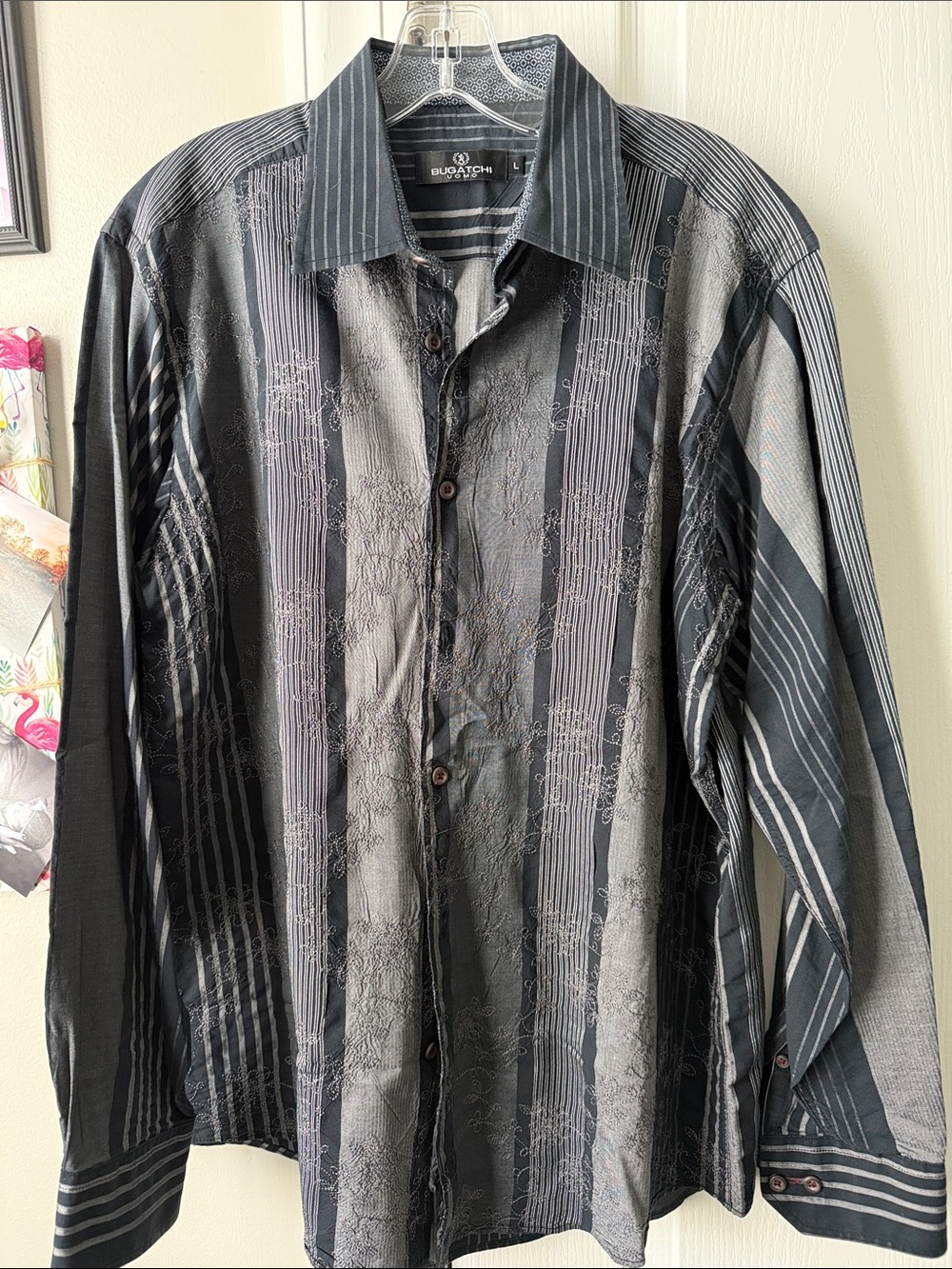 Bugatchi Black and Gray Vertical Stripe Casual Button-Down Shirt